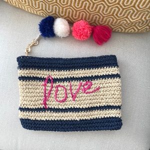 NWT raffia/linen Sundry clutch with Pom-poms!